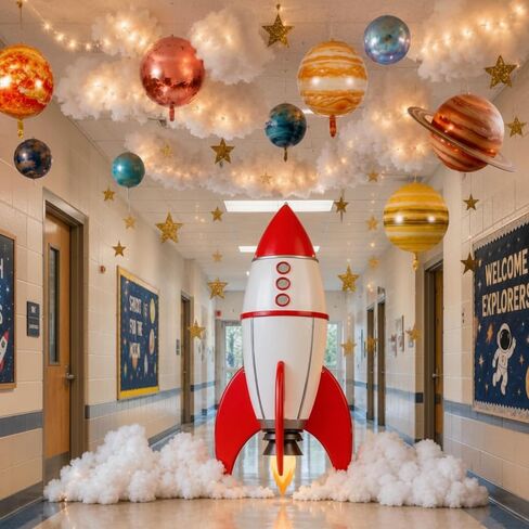 Thenshop Space Classroom Galaxy Decor for 2026 Vbs Ceiling Ornament, 34.45 x 70.87 inch Rocket Ship Backdrop Banner Solar Balloons LED Fairy Lights for Vacation Bible School Class Decor in Kuwait