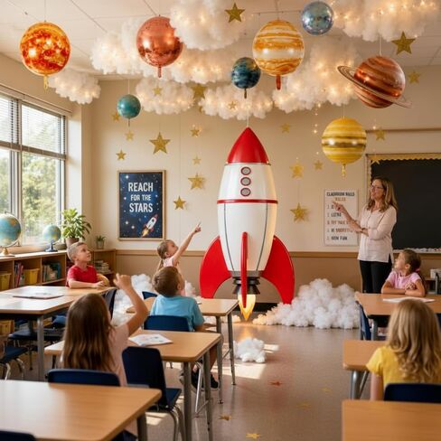 Thenshop Space Classroom Galaxy Decor for 2026 Vbs Ceiling Ornament, 34.45 x 70.87 inch Rocket Ship Backdrop Banner Solar Balloons LED Fairy Lights for Vacation Bible School Class Decor in Kuwait
