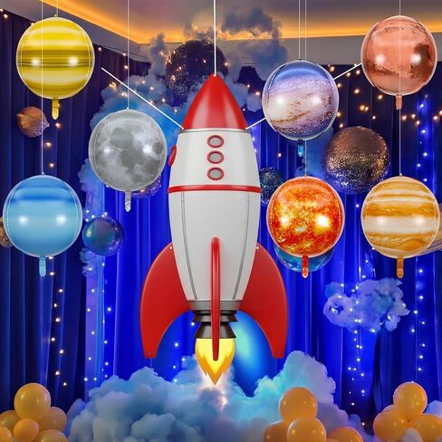 Thenshop Space Classroom Galaxy Decor for 2026 Vbs Ceiling Ornament, 34.45 x 70.87 inch Rocket Ship Backdrop Banner Solar Balloons LED Fairy Lights for Vacation Bible School Class Decor in Kuwait
