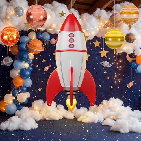 Thenshop Space Classroom Galaxy Decor for 2026 Vbs Ceiling Ornament, 34.45 x 70.87 inch Rocket Ship Backdrop Banner Solar Balloons LED Fairy Lights for Vacation Bible School Class Decor in Kuwait