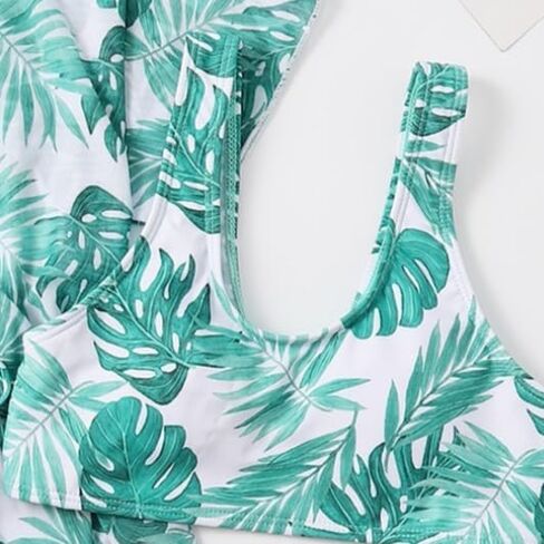 Girls 3 Piece Swimsuit Bathing Suits Green Tropical Leaf Print Swimwear with Cover Up Kids Bathing Suit for Beach Vacation in Kuwait