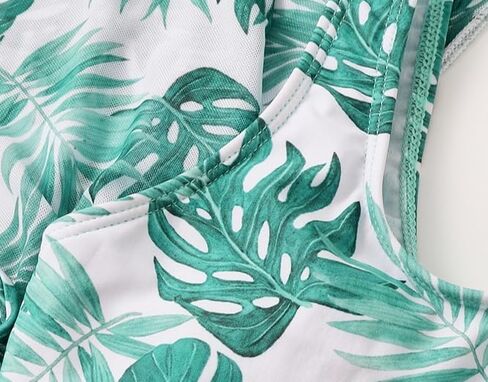 Girls 3 Piece Swimsuit Bathing Suits Green Tropical Leaf Print Swimwear with Cover Up Kids Bathing Suit for Beach Vacation in Kuwait