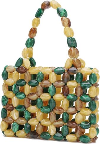 Boho Beaded Tote Bag for Women, Colorful Acrylic Bead Purse, Designer Handmade Woven Handbag for Summer Beach Party Wedding in Saudi Arabia