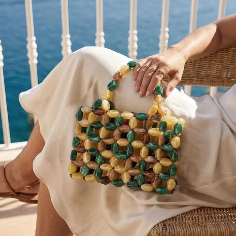 Boho Beaded Tote Bag for Women, Colorful Acrylic Bead Purse, Designer Handmade Woven Handbag for Summer Beach Party Wedding in Kuwait