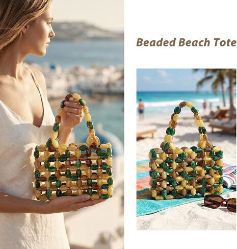 Boho Beaded Tote Bag for Women, Colorful Acrylic Bead Purse, Designer Handmade Woven Handbag for Summer Beach Party Wedding in Kuwait