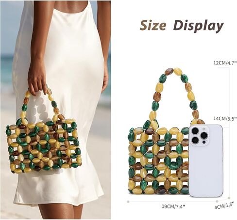 Boho Beaded Tote Bag for Women, Colorful Acrylic Bead Purse, Designer Handmade Woven Handbag for Summer Beach Party Wedding in Kuwait