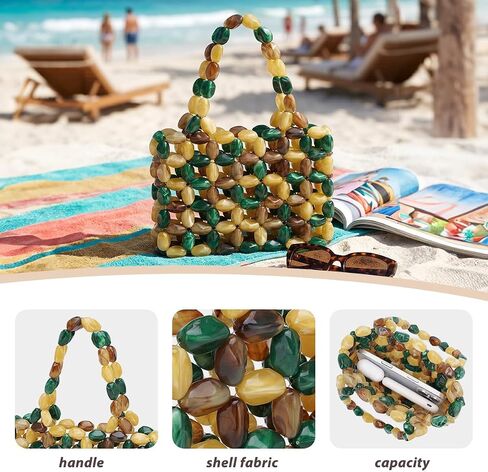 Boho Beaded Tote Bag for Women, Colorful Acrylic Bead Purse, Designer Handmade Woven Handbag for Summer Beach Party Wedding in Kuwait
