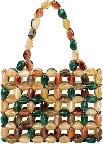 Boho Beaded Tote Bag for Women, Colorful Acrylic Bead Purse, Designer Handmade Woven Handbag for Summer Beach Party Wedding in Kuwait