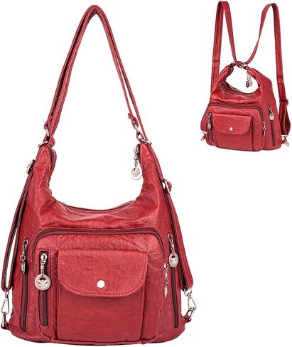 Hobo Bags for Women Large Soft Washed Leather Purse and Hand Bags Convertible Backpack with Multi Pockets Women's Shoulder Bag Anti-theft Cross Body Bag Wine Red in Saudi Arabia