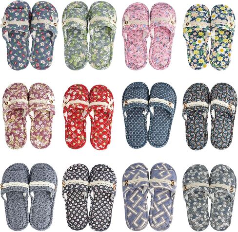 12 Pairs Floral Cotton House Slippers Washable Indoor Cotton Slippers Open Women Toe for Airplane Travel Hotel Guest Spa,2 Sizes in Kuwait