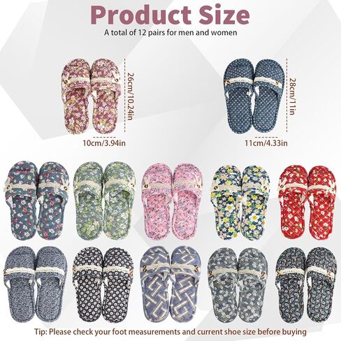12 Pairs Floral Cotton House Slippers Washable Indoor Cotton Slippers Open Women Toe for Airplane Travel Hotel Guest Spa,2 Sizes in Kuwait
