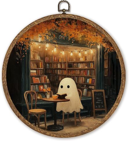 WMSYUO Ghost Café Round Wall Art, 10x10 Inch Dark Academia Cottagecore Halloween Canvas Print, Cozy Bookshop and Coffee Artwork for Autumn Home or Reading Room Decor (Brown-Ghost01) in Kuwait
