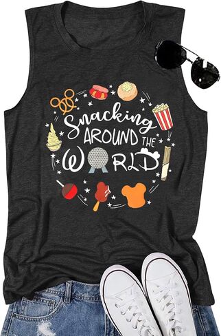 Magical Tank Tops Women Snacking Around The World Shirts Magic Kingdom T-Shirt Funny World Trips Sleeveless Tee Top in Kuwait