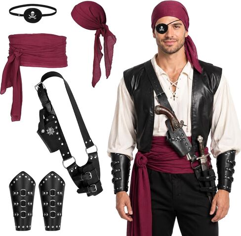 5PCS Pirate Costume Accessories, Medieval Pirate Sword Belt & Bracer with Bandana、Sash、Eye Patch for Halloween LARP in Kuwait