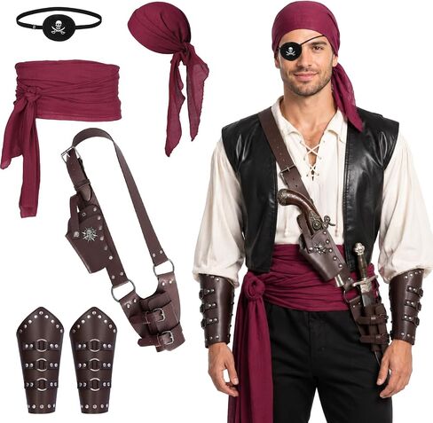 5PCS Pirate Costume Accessories, Medieval Pirate Sword Belt & Bracer with Bandana、Sash、Eye Patch for Halloween LARP in Kuwait