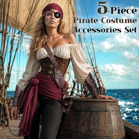 5PCS Pirate Costume Accessories, Medieval Pirate Sword Belt & Bracer with Bandana、Sash、Eye Patch for Halloween LARP in Kuwait