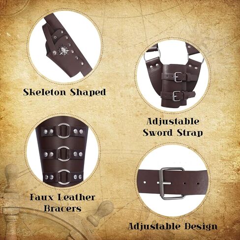 5PCS Pirate Costume Accessories, Medieval Pirate Sword Belt & Bracer with Bandana、Sash、Eye Patch for Halloween LARP in Kuwait