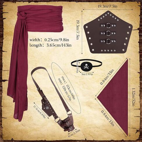 5PCS Pirate Costume Accessories, Medieval Pirate Sword Belt & Bracer with Bandana、Sash、Eye Patch for Halloween LARP in Kuwait