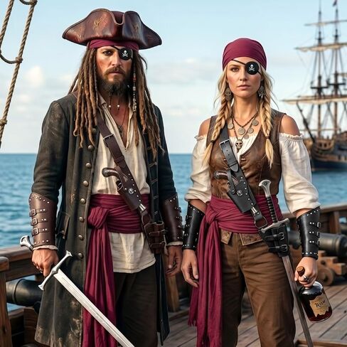 5PCS Pirate Costume Accessories, Medieval Pirate Sword Belt & Bracer with Bandana、Sash、Eye Patch for Halloween LARP in Kuwait