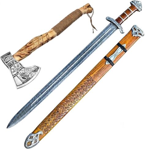 Qepaa Crafts®37''Inch Damascus Steel Viking Sword with Wooden Scabbard Gift Vikings Axe with Sheath | Full Tang Norse Style Blade | Handmade Medieval Collectible Sword in Saudi Arabia