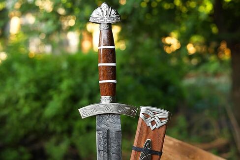 Qepaa Crafts®37''Inch Damascus Steel Viking Sword with Wooden Scabbard Gift Vikings Axe with Sheath | Full Tang Norse Style Blade | Handmade Medieval Collectible Sword in Saudi Arabia