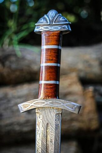 Qepaa Crafts®37''Inch Damascus Steel Viking Sword with Wooden Scabbard Gift Vikings Axe with Sheath | Full Tang Norse Style Blade | Handmade Medieval Collectible Sword in Saudi Arabia