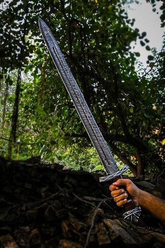 Qepaa Crafts®37''Inch Damascus Steel Viking Sword with Wooden Scabbard Gift Vikings Axe with Sheath | Full Tang Norse Style Blade | Handmade Medieval Collectible Sword in Saudi Arabia