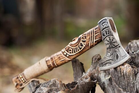 Qepaa Crafts®37''Inch Damascus Steel Viking Sword with Wooden Scabbard Gift Vikings Axe with Sheath | Full Tang Norse Style Blade | Handmade Medieval Collectible Sword in Saudi Arabia