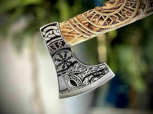 Qepaa Crafts®37''Inch Damascus Steel Viking Sword with Wooden Scabbard Gift Vikings Axe with Sheath | Full Tang Norse Style Blade | Handmade Medieval Collectible Sword in Saudi Arabia