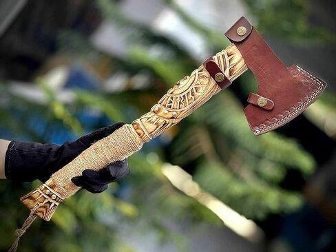 Qepaa Crafts®37''Inch Damascus Steel Viking Sword with Wooden Scabbard Gift Vikings Axe with Sheath | Full Tang Norse Style Blade | Handmade Medieval Collectible Sword in Saudi Arabia