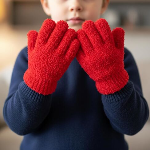 Red Thermal Kids Gloves, Fleece-Lined Half-Finger Winter Hand Protection for Children's Outdoor Play in Kuwait