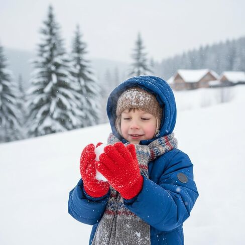 Red Thermal Kids Gloves, Fleece-Lined Half-Finger Winter Hand Protection for Children's Outdoor Play in Kuwait