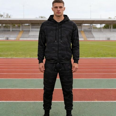 Men’s Camouflage Tracksuit Spring Autumn Trendy Casual Wear Two Piece Hooded Sweatshirt Set Attached Hood With Drawstrings in Kuwait