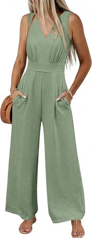 ANRABESS Women Jumpsuits 2026 Casual Sleeveless V Neck Wide Leg Jumper Romper Beach Vacation Clothes Summer One Piece Outfits in Kuwait