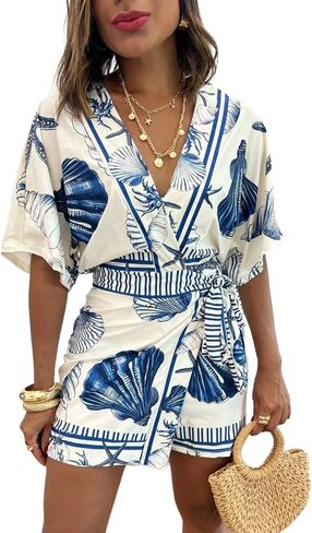 THLAI Womens Short Sleeve V Neck Seashell Print Wrap Tie Waist Skort Romper One Piece Outfits with Inner Layers in Kuwait
