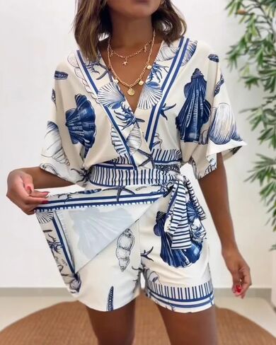 THLAI Womens Short Sleeve V Neck Seashell Print Wrap Tie Waist Skort Romper One Piece Outfits with Inner Layers in Kuwait
