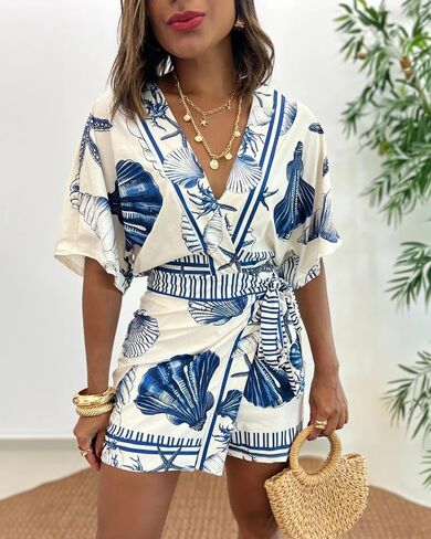 THLAI Womens Short Sleeve V Neck Seashell Print Wrap Tie Waist Skort Romper One Piece Outfits with Inner Layers in Kuwait