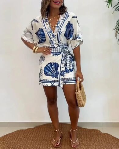 THLAI Womens Short Sleeve V Neck Seashell Print Wrap Tie Waist Skort Romper One Piece Outfits with Inner Layers in Kuwait