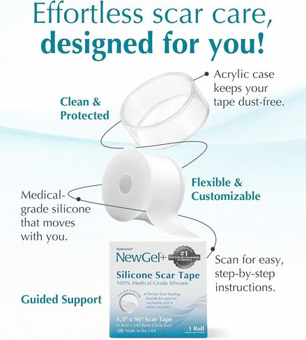 NewGel Plus Silicone Scar Tape Roll by MyNewGel – 100% Medical-Grade Silicone Scar Sheet for Surgery, C-Section, Keloid & Acne Scars – Extra Thick 1mm Tape – Made in USA – 1.5" x 96" in Kuwait