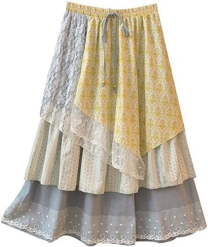 Women's Y2K Vacation Style Irregular Lace Midi Skirt High Waisted with Ruffled Edges Loose A-Line Skirt in Kuwait