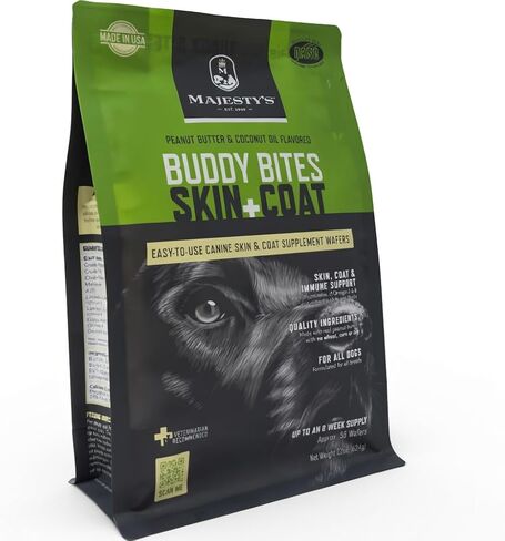 Majesty's Buddy Bites Skin and Coat Wafers for Medium / Large Dogs - Superior Skin, Coat, and Immune Support Supplement - Peanut Butter and Coconut Oil Flavored - 56 Count (8 Week Supply) in Kuwait