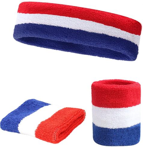 Striped Sweatband Set – 1 Headband & 2 Wristbands Moisture-Wicking Terry Cloth Sports Sweatbands for Costumes, Cosplay & Athletic in Kuwait