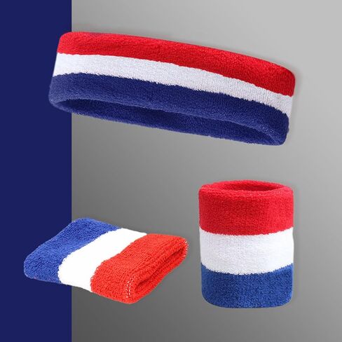 Striped Sweatband Set – 1 Headband & 2 Wristbands Moisture-Wicking Terry Cloth Sports Sweatbands for Costumes, Cosplay & Athletic in Kuwait