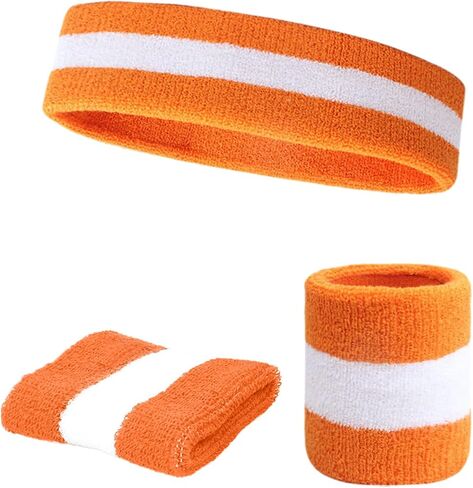 Striped Sweatband Set – 1 Headband & 2 Wristbands Moisture-Wicking Terry Cloth Sports Sweatbands for Costumes, Cosplay & Athletic in Kuwait