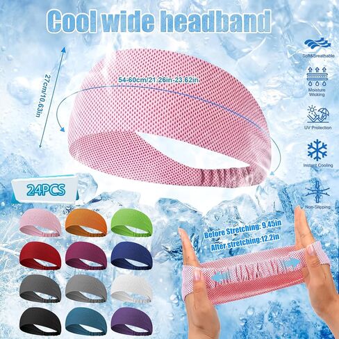 Unittype 24 Pcs Cooling Headbands for Women Bulk Wide Elastic Non Slip Moisture Wicking Sweatband for Men Workout, Gym, Yoga in Kuwait