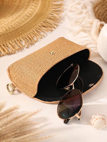 Woven Straw Sunglasses Case with Clip, Hard Shell Boho Rattan Pouch, Portable Travel Beach Accessory for Women Girl in Kuwait