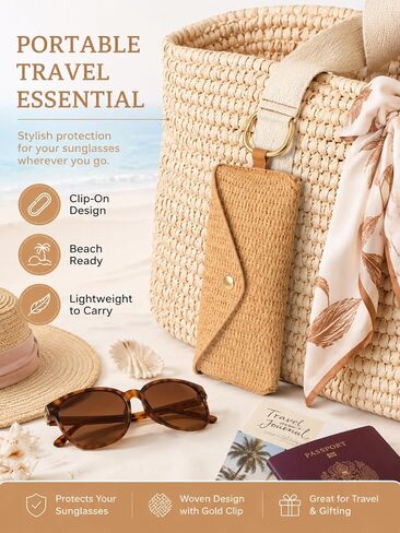 Woven Straw Sunglasses Case with Clip, Hard Shell Boho Rattan Pouch, Portable Travel Beach Accessory for Women Girl in Kuwait