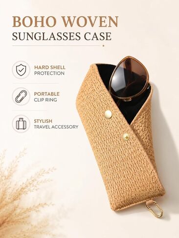Woven Straw Sunglasses Case with Clip, Hard Shell Boho Rattan Pouch, Portable Travel Beach Accessory for Women Girl in Kuwait