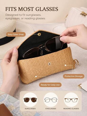 Woven Straw Sunglasses Case with Clip, Hard Shell Boho Rattan Pouch, Portable Travel Beach Accessory for Women Girl in Kuwait