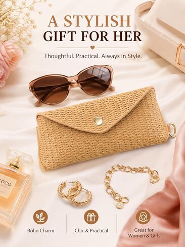 Woven Straw Sunglasses Case with Clip, Hard Shell Boho Rattan Pouch, Portable Travel Beach Accessory for Women Girl in Kuwait
